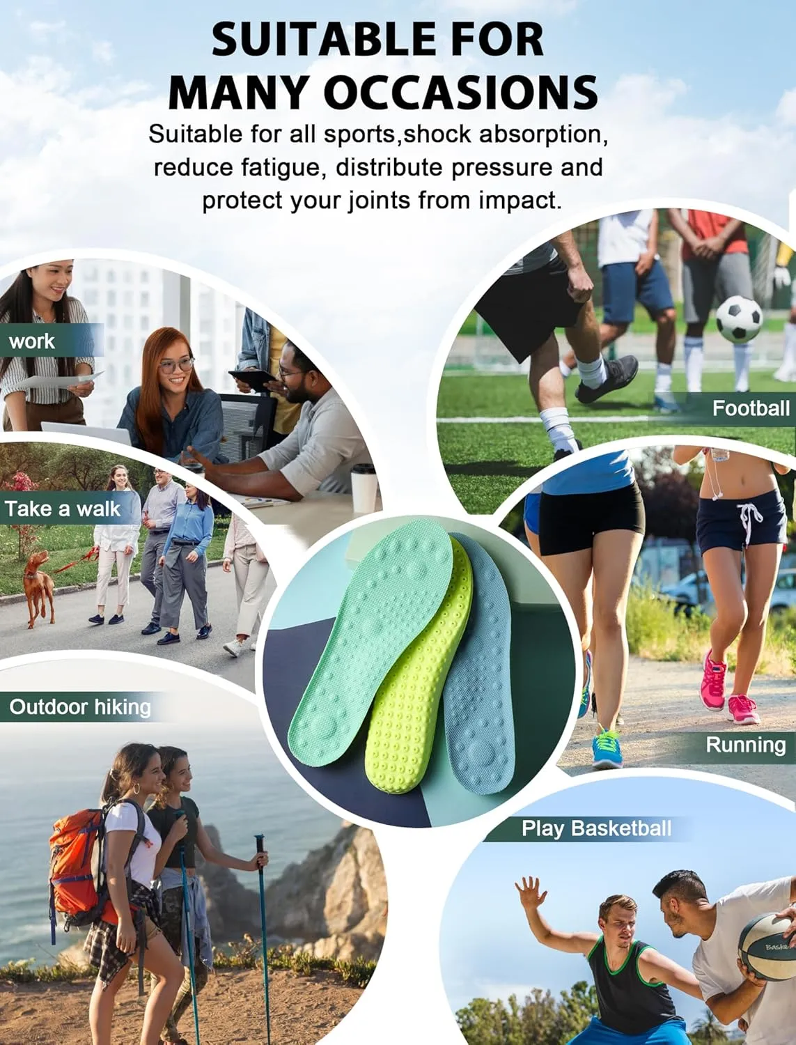 4D Cloud Soles Insoles for Men and Women,Soft Shock Absorption Massage Insoles -Comfort Sports Shoe Inserts Arch Support Insoles, Work Boot Shoe Insole (Green, S Men 7~8 /Women 8.5)