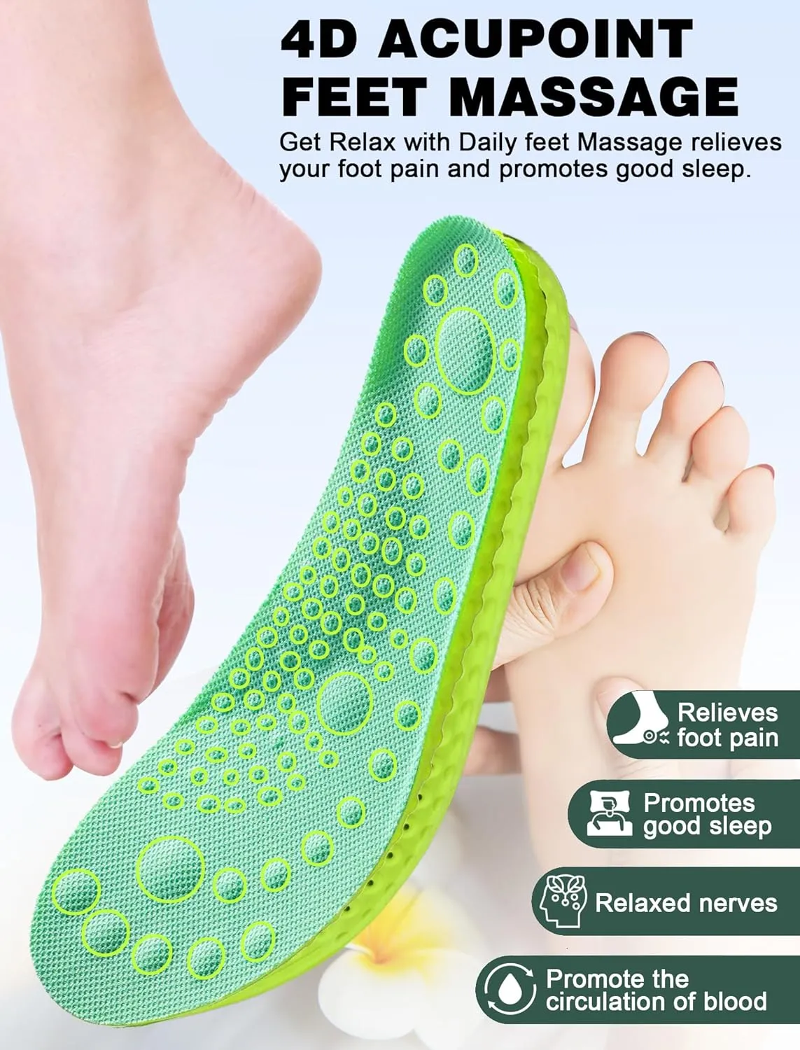 4D Cloud Soles Insoles for Men and Women,Soft Shock Absorption Massage Insoles -Comfort Sports Shoe Inserts Arch Support Insoles, Work Boot Shoe Insole (Green, S Men 7~8 /Women 8.5)