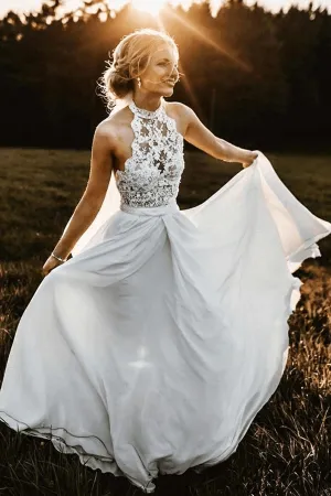 A-Line Halter Sleeveless Chiffon Long Beach Wedding Dress With Lace  TN262