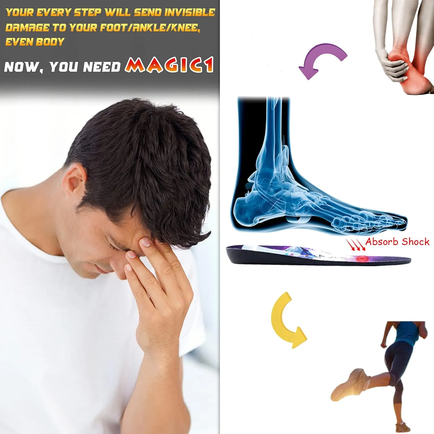 Absorbs 70% of Impact Energy Effectively,Boot Insoles for Men Work,Shock Absorbing Insoles for Women,Heavy Duty Support,Best Gifts for Dad/Mom M Purple