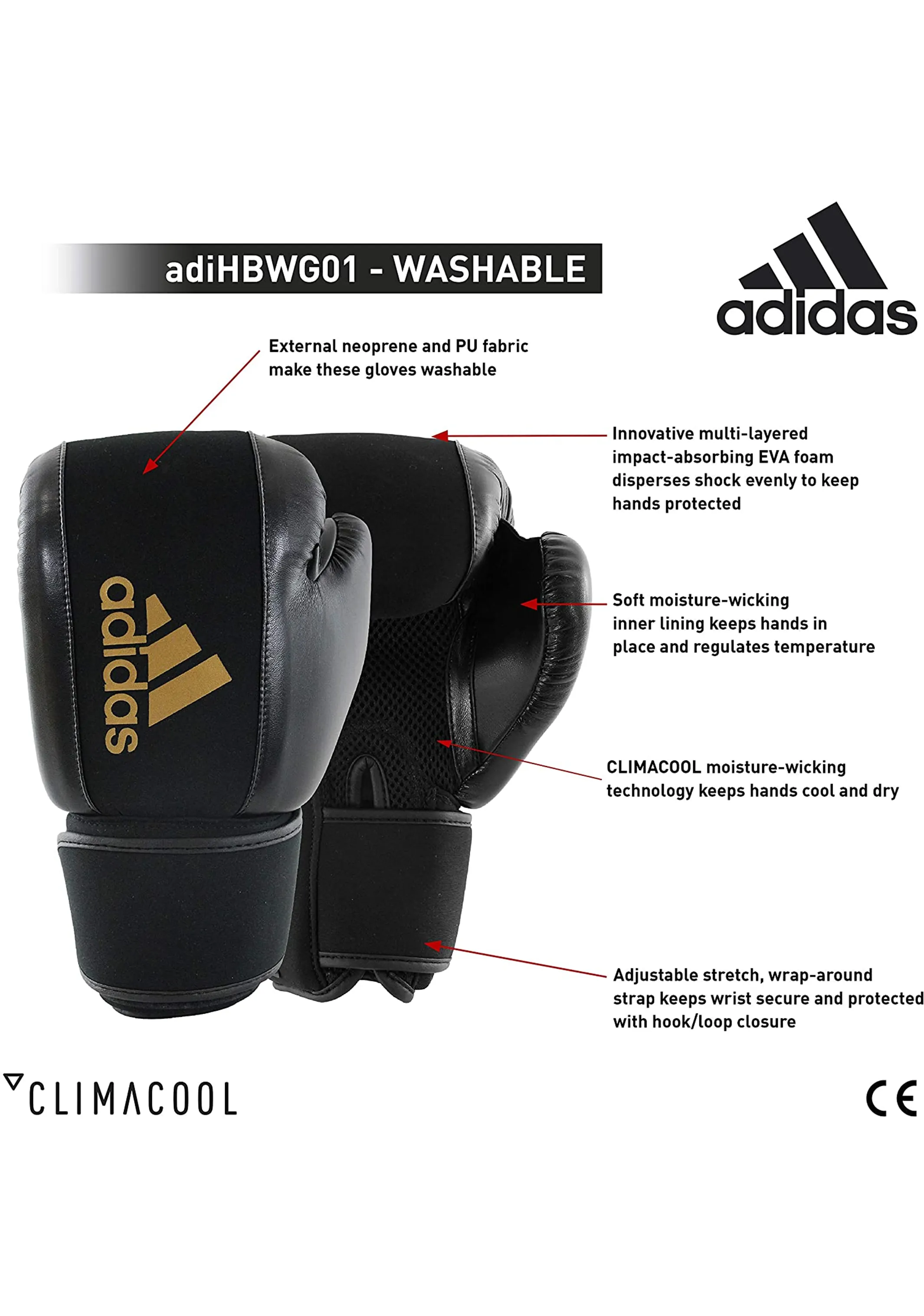 Adidas Women's Washable Boxing Glove <BR> ADIHBWG01 BLACK/GOLD