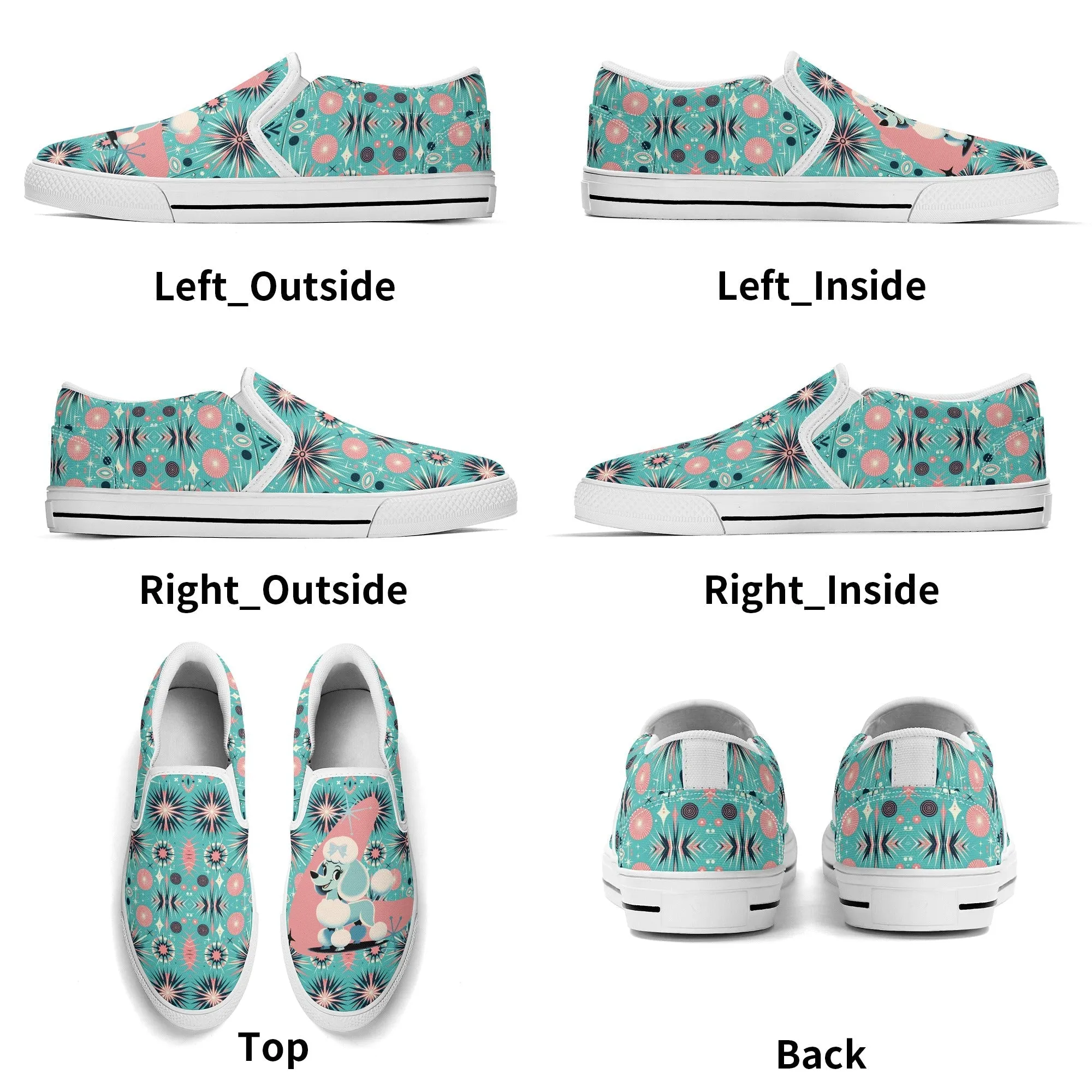 Atomic 50s Poodle Slip On Canvas Shoes, Mid Century Modern Pink, Aqua Starbursts