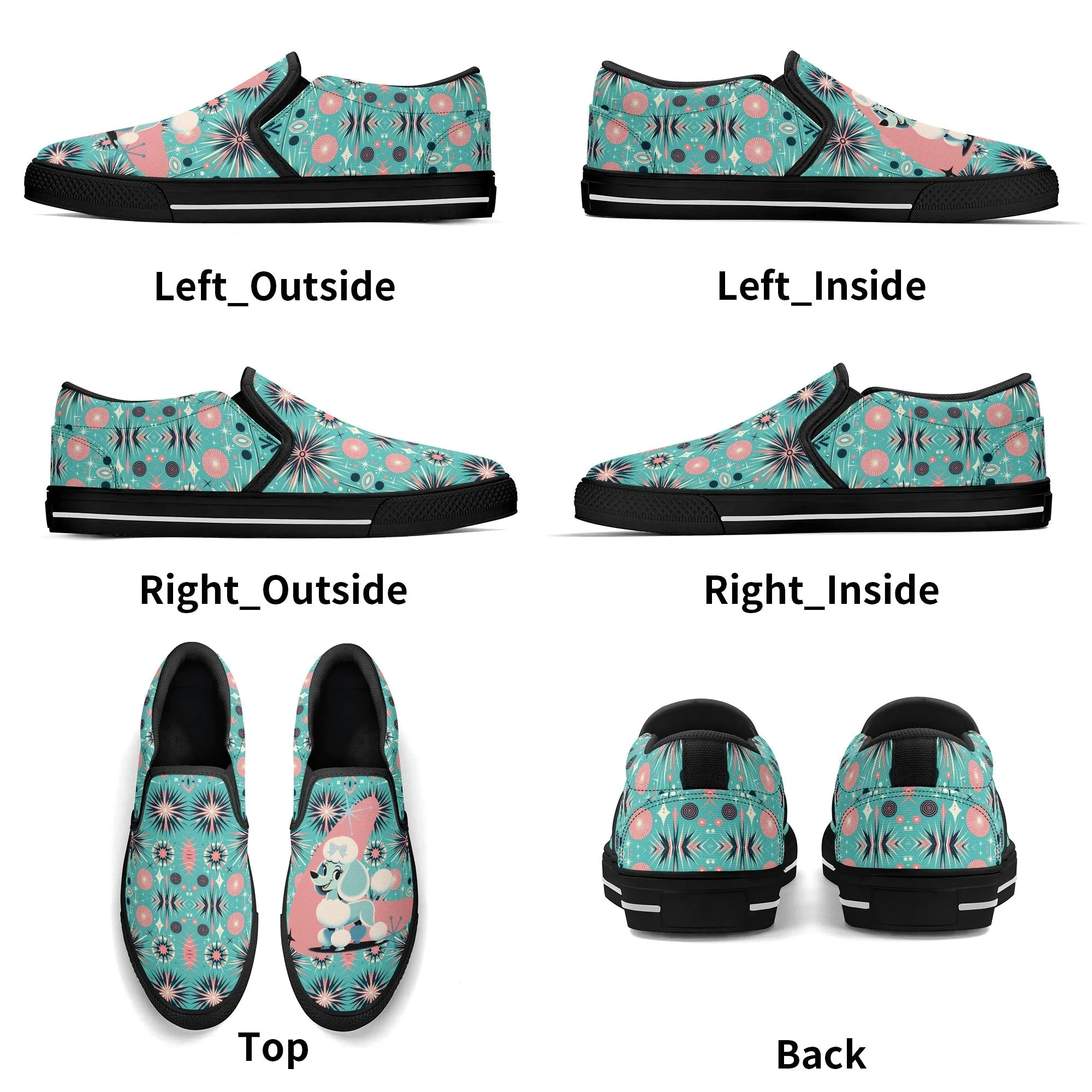 Atomic 50s Poodle Slip On Canvas Shoes, Mid Century Modern Pink, Aqua Starbursts