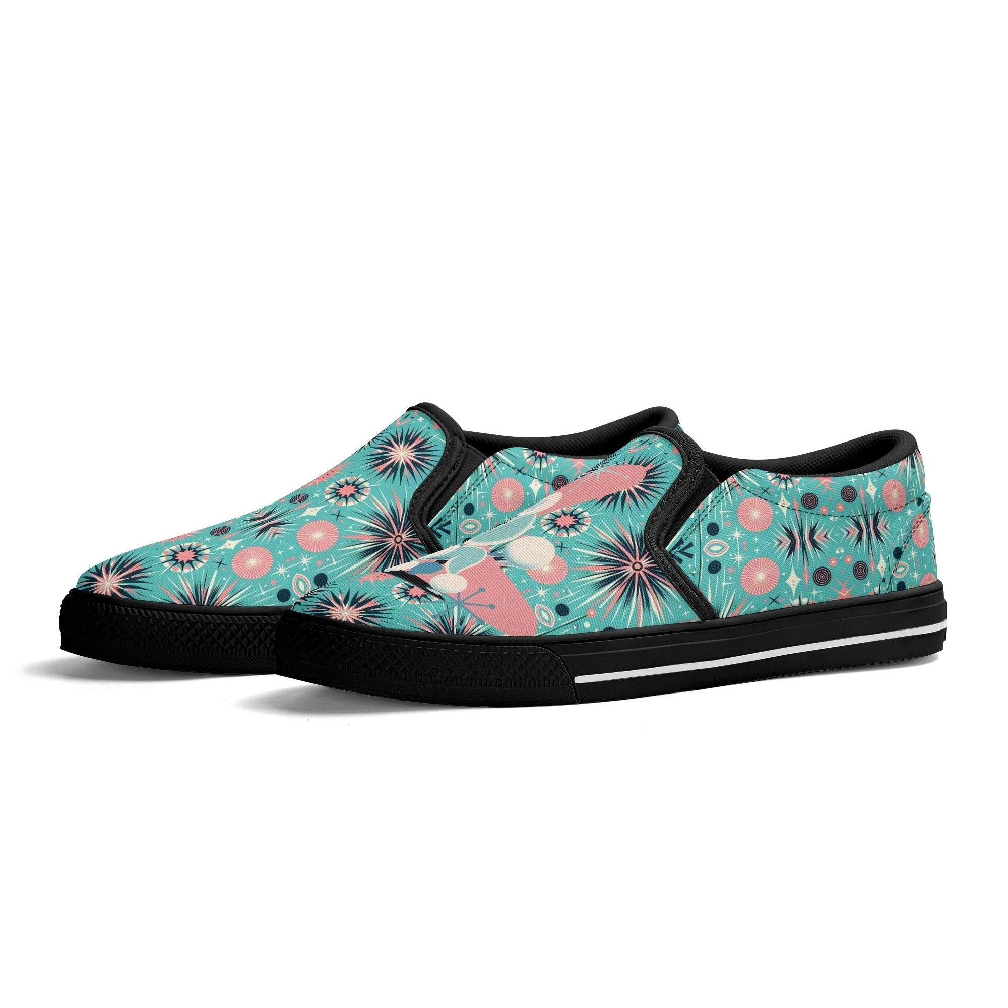 Atomic 50s Poodle Slip On Canvas Shoes, Mid Century Modern Pink, Aqua Starbursts