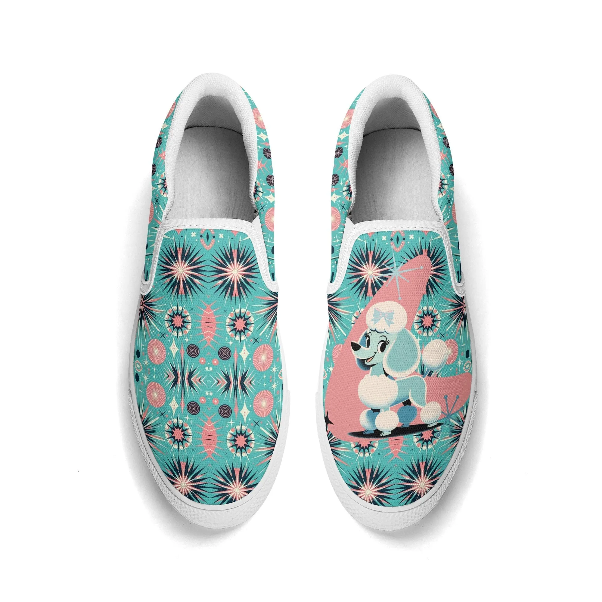 Atomic 50s Poodle Slip On Canvas Shoes, Mid Century Modern Pink, Aqua Starbursts