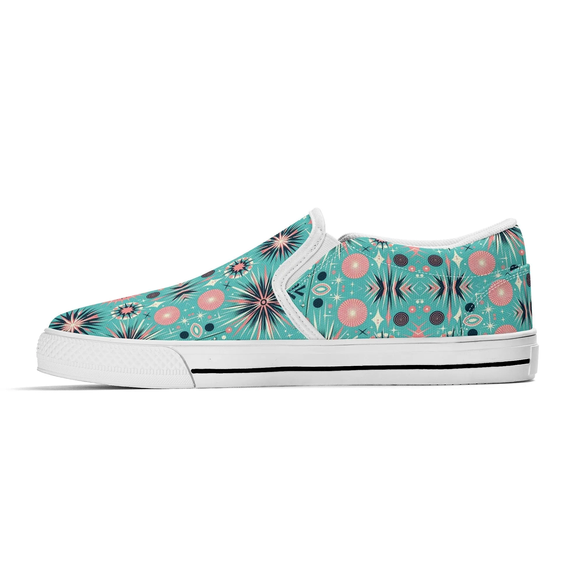 Atomic 50s Poodle Slip On Canvas Shoes, Mid Century Modern Pink, Aqua Starbursts