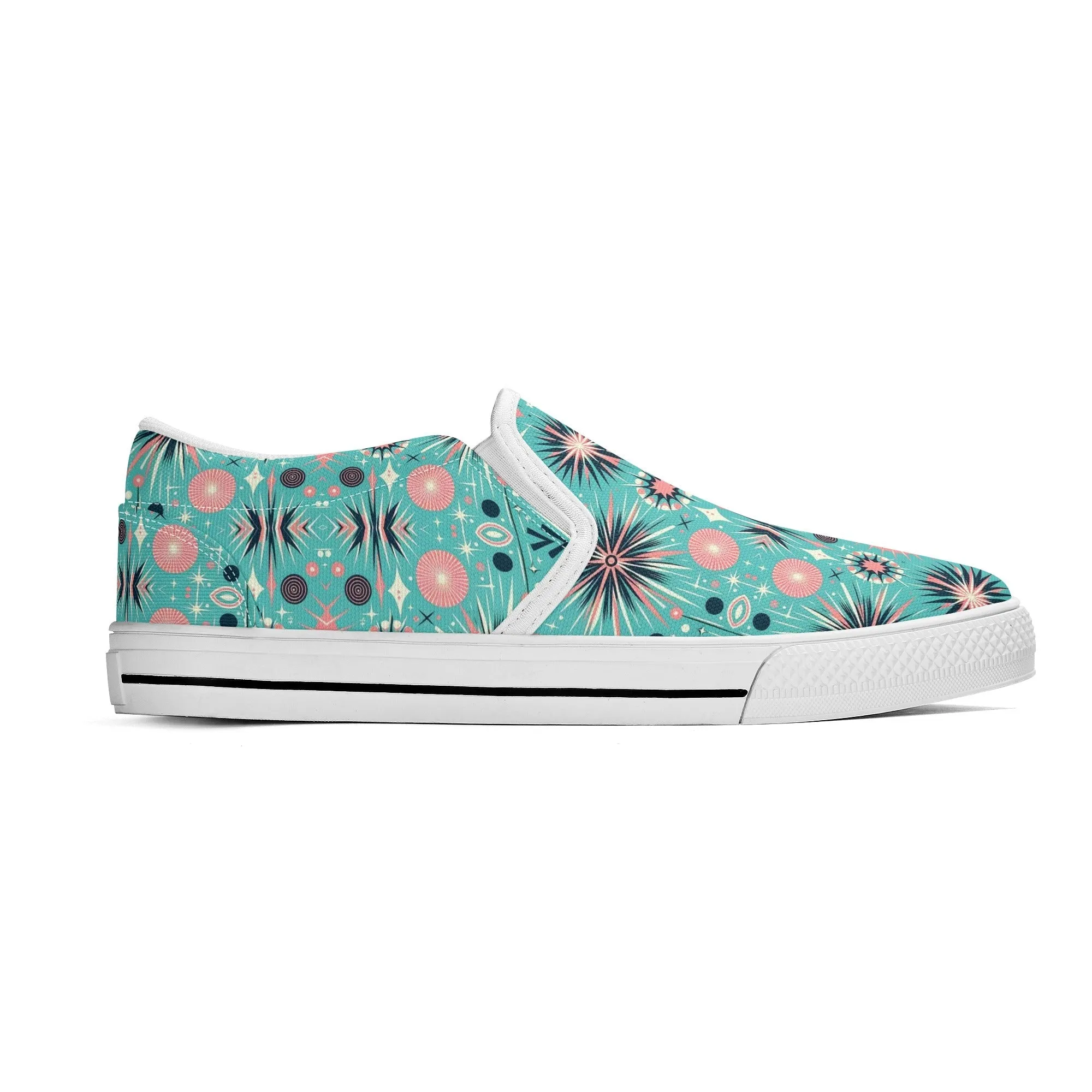 Atomic 50s Poodle Slip On Canvas Shoes, Mid Century Modern Pink, Aqua Starbursts