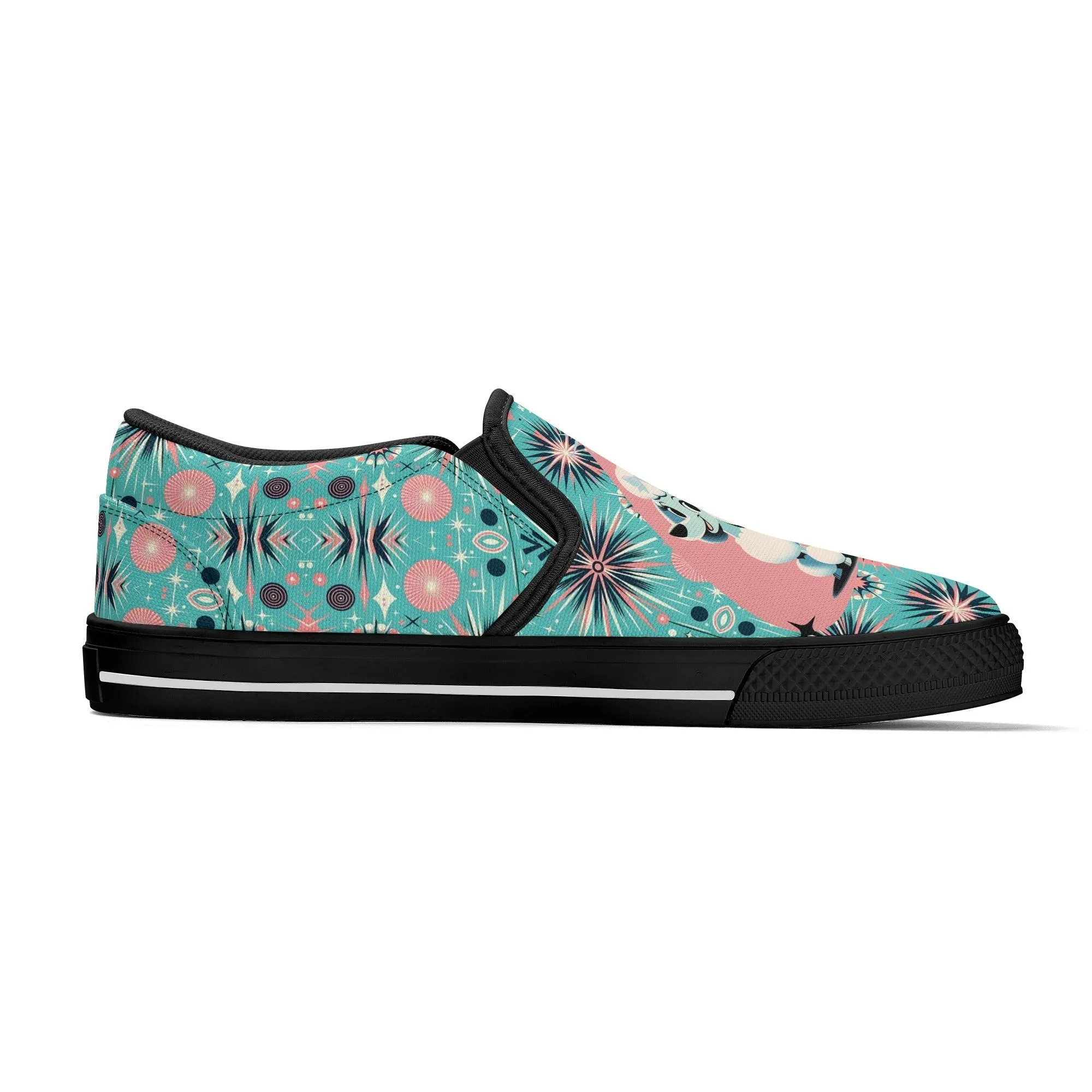 Atomic 50s Poodle Slip On Canvas Shoes, Mid Century Modern Pink, Aqua Starbursts