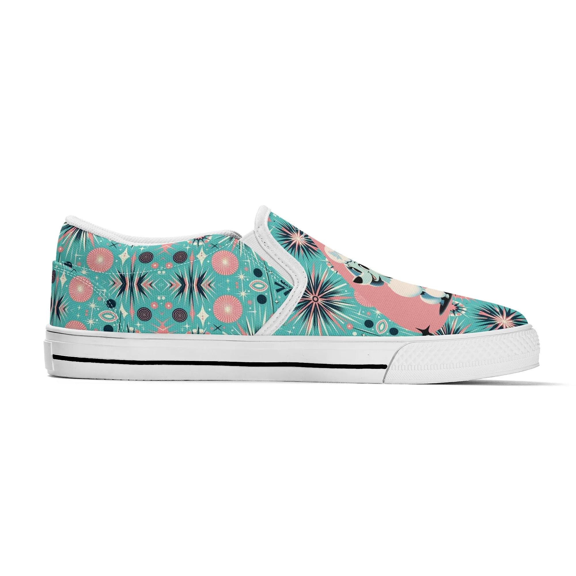 Atomic 50s Poodle Slip On Canvas Shoes, Mid Century Modern Pink, Aqua Starbursts
