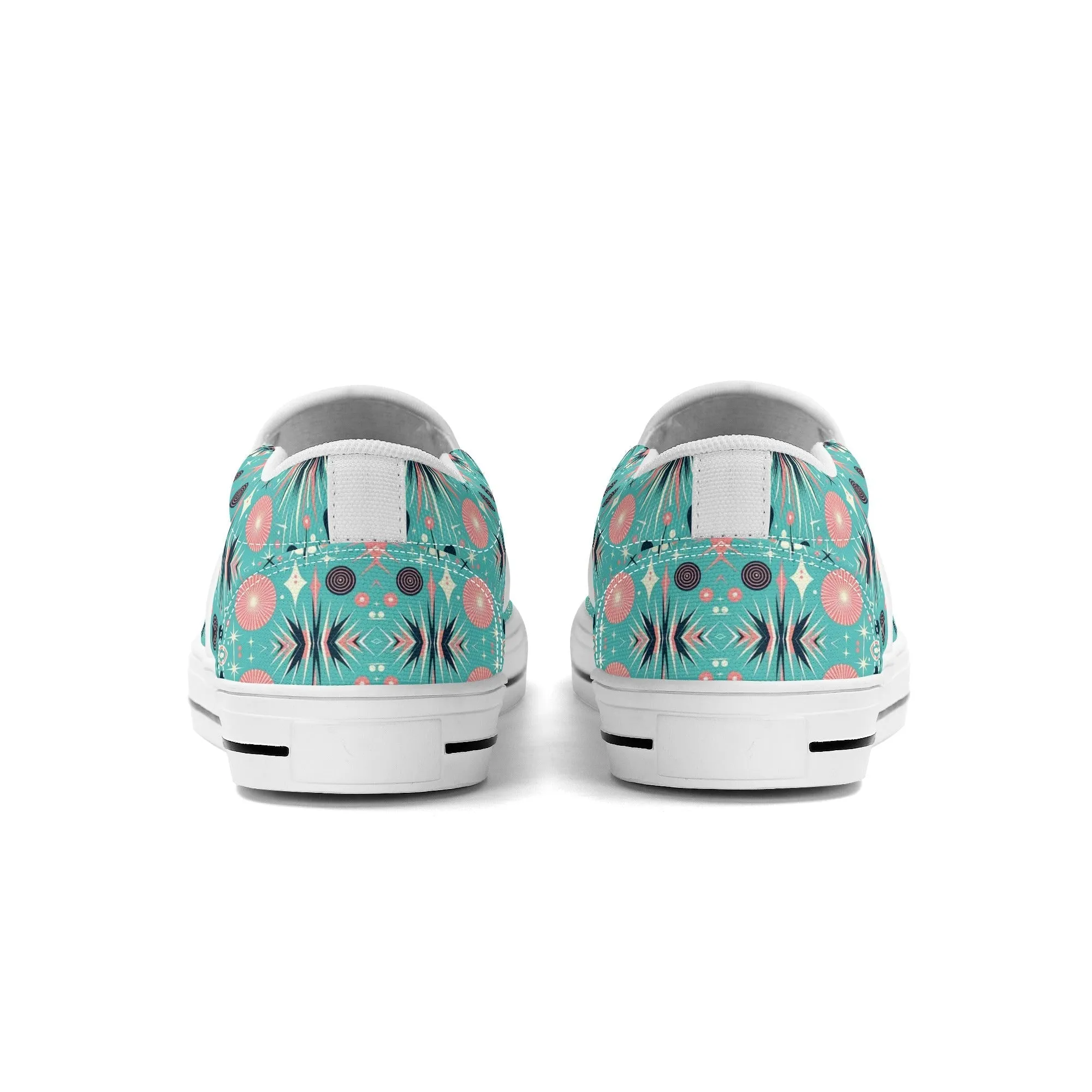 Atomic 50s Poodle Slip On Canvas Shoes, Mid Century Modern Pink, Aqua Starbursts