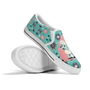 Atomic 50s Poodle Slip On Canvas Shoes, Mid Century Modern Pink, Aqua Starbursts