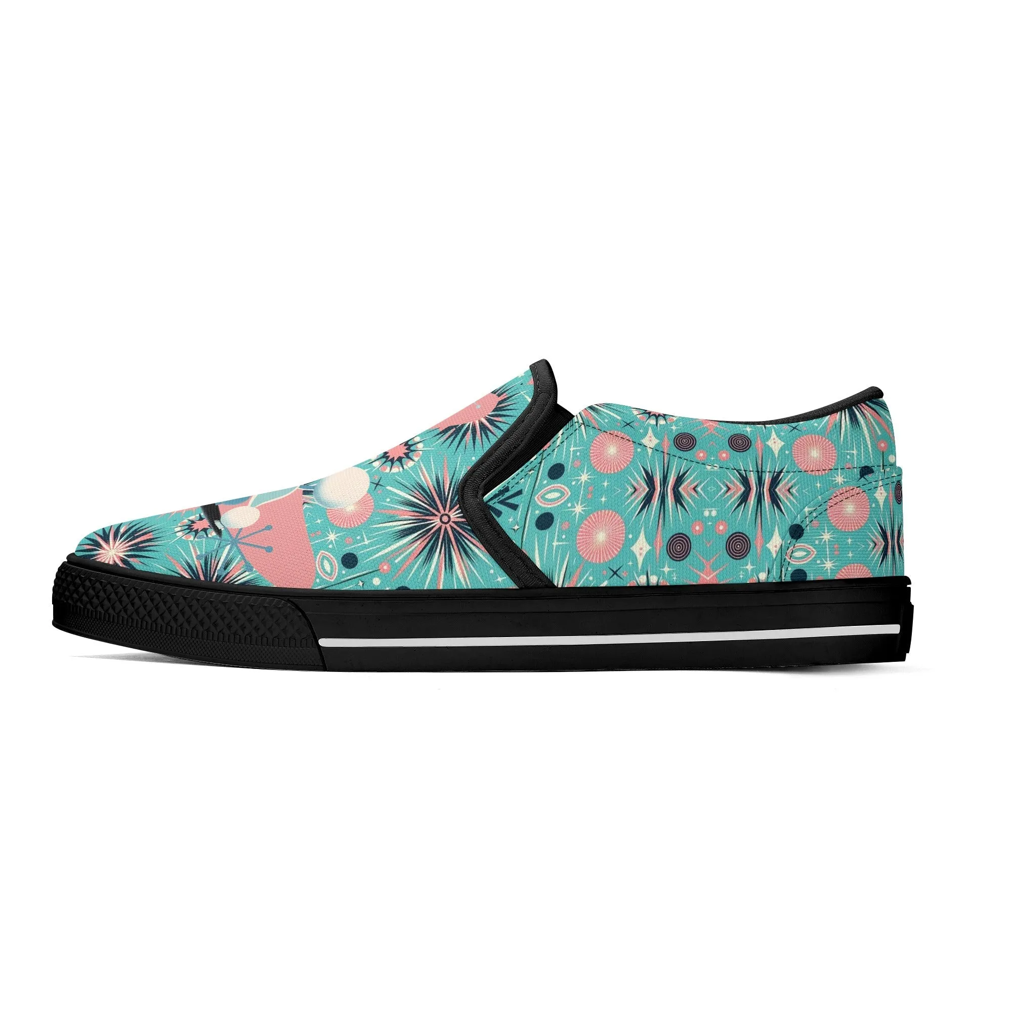 Atomic 50s Poodle Slip On Canvas Shoes, Mid Century Modern Pink, Aqua Starbursts