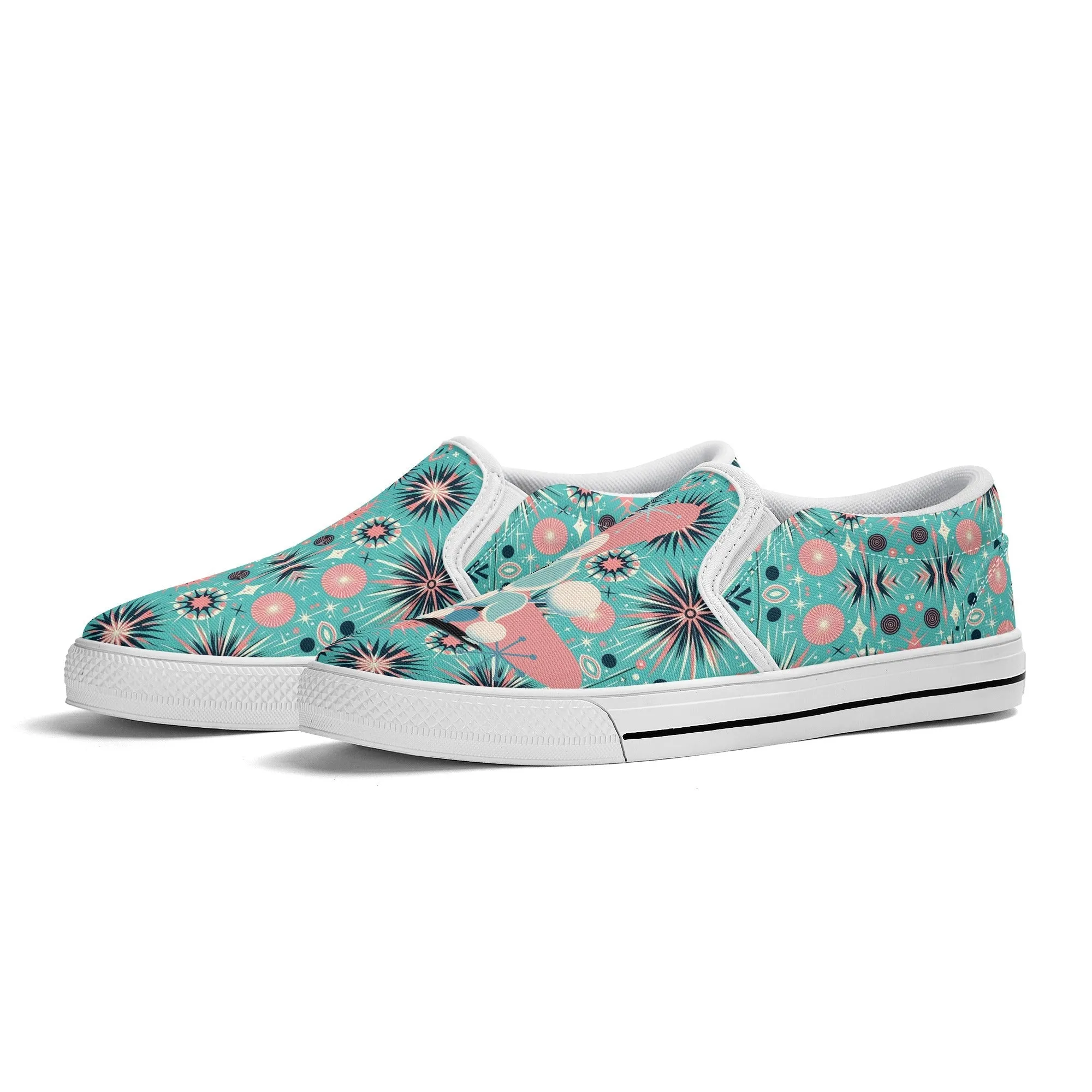 Atomic 50s Poodle Slip On Canvas Shoes, Mid Century Modern Pink, Aqua Starbursts