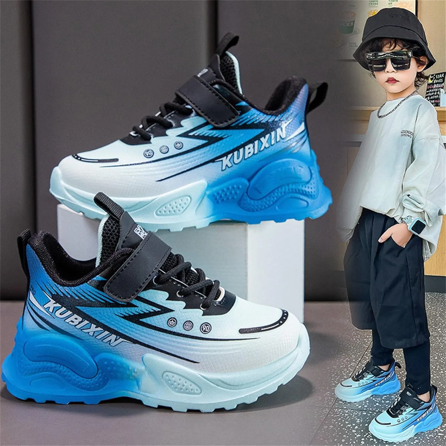 Boys Basketball Shoes, Kids High Top Sneakers, Youth Thick Sole Non Slip Comfortable Shoes with Adjustable Strap