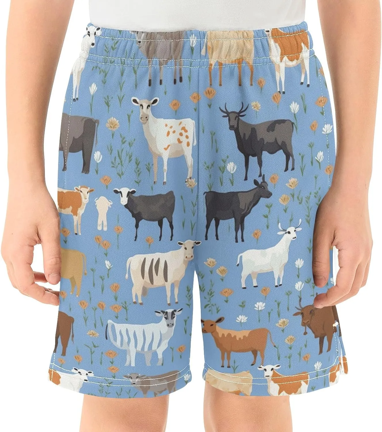 Boy's Summer Casual Shorts Colorful Flowers Farm Animals Cows Pull on Sport Shorts with Pockets Homewear 7-15Y
