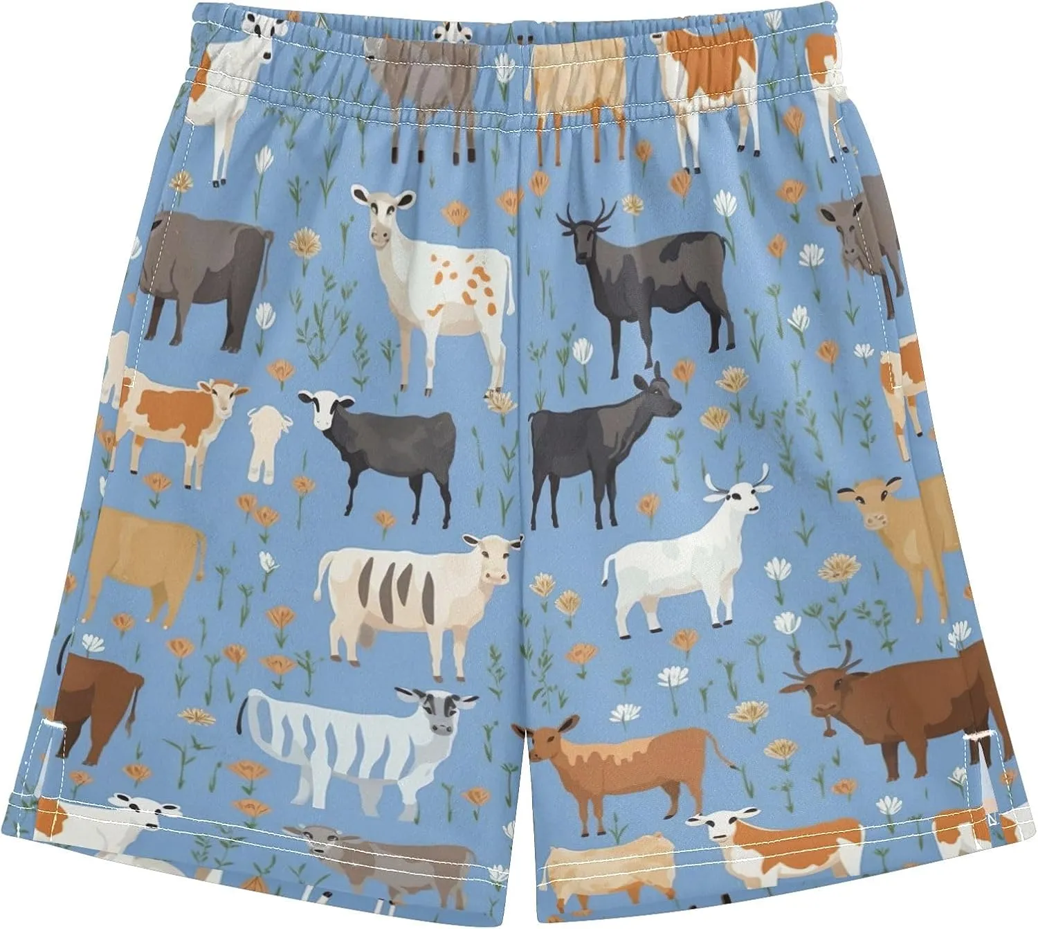 Boy's Summer Casual Shorts Colorful Flowers Farm Animals Cows Pull on Sport Shorts with Pockets Homewear 7-15Y