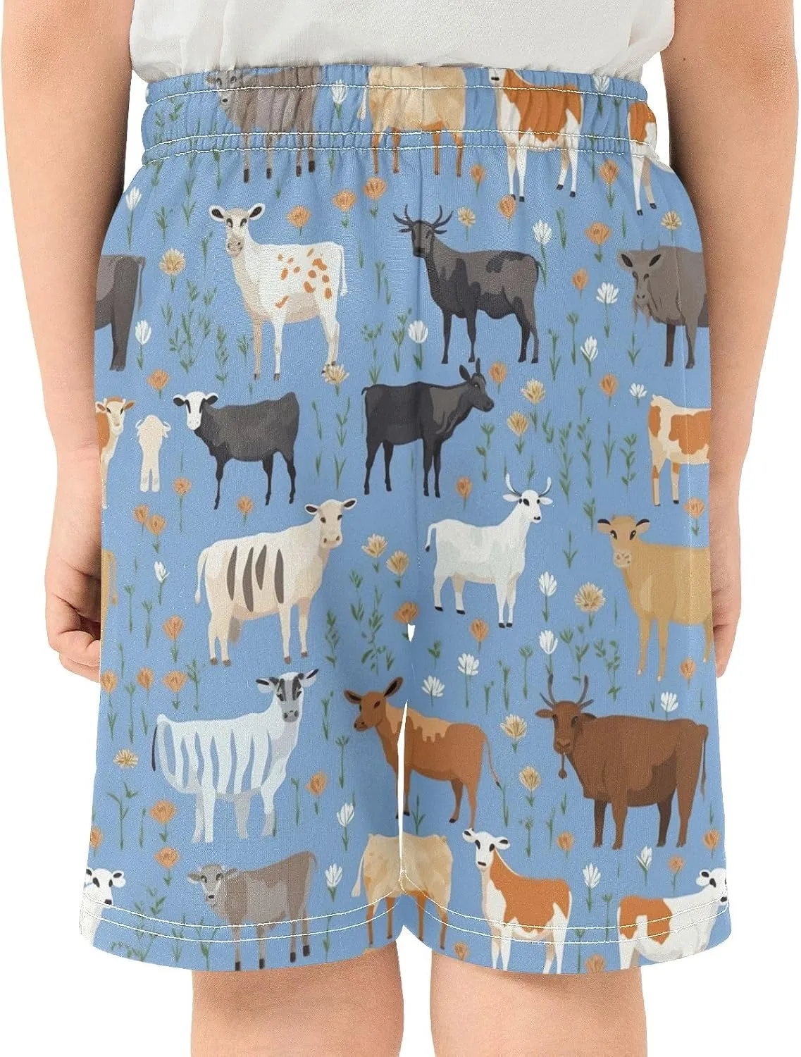Boy's Summer Casual Shorts Colorful Flowers Farm Animals Cows Pull on Sport Shorts with Pockets Homewear 7-15Y