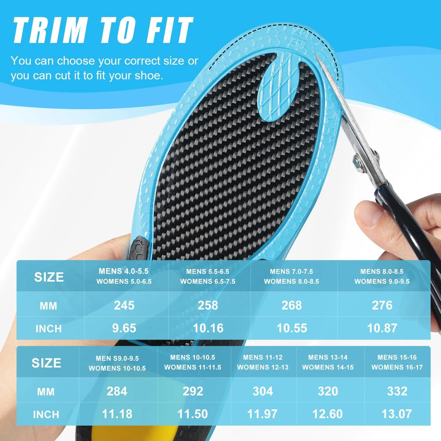 Carbon Fiber Shock-Absorbing Insole with Arch Support is Suitable for Basketball, Running, Cycling, Outdoor Hiking and Other Daily Sports. (Blue, M10.5/11W11.5/12300mm)