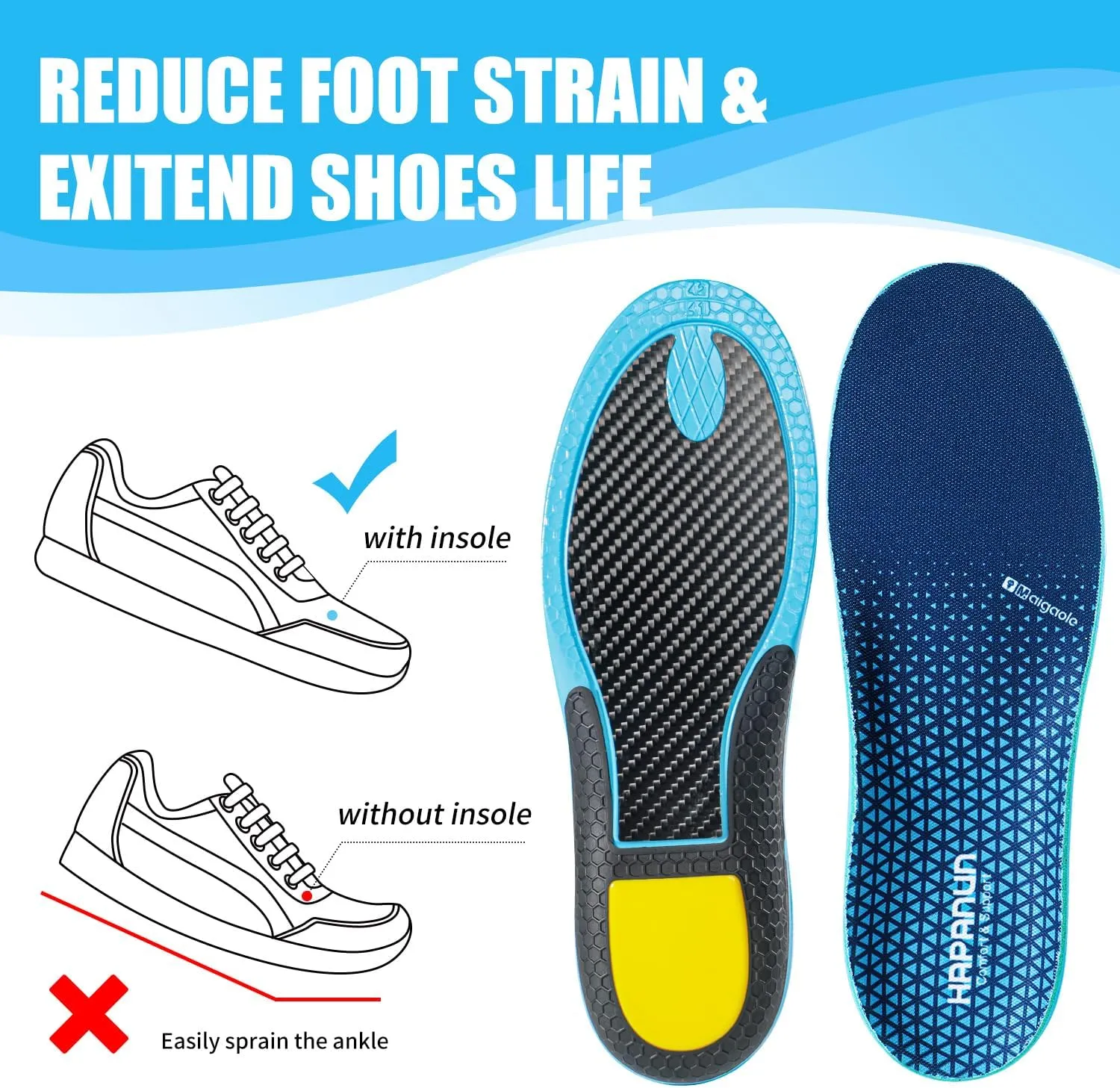 Carbon Fiber Shock-Absorbing Insole with Arch Support is Suitable for Basketball, Running, Cycling, Outdoor Hiking and Other Daily Sports. (Blue, M10.5/11W11.5/12300mm)