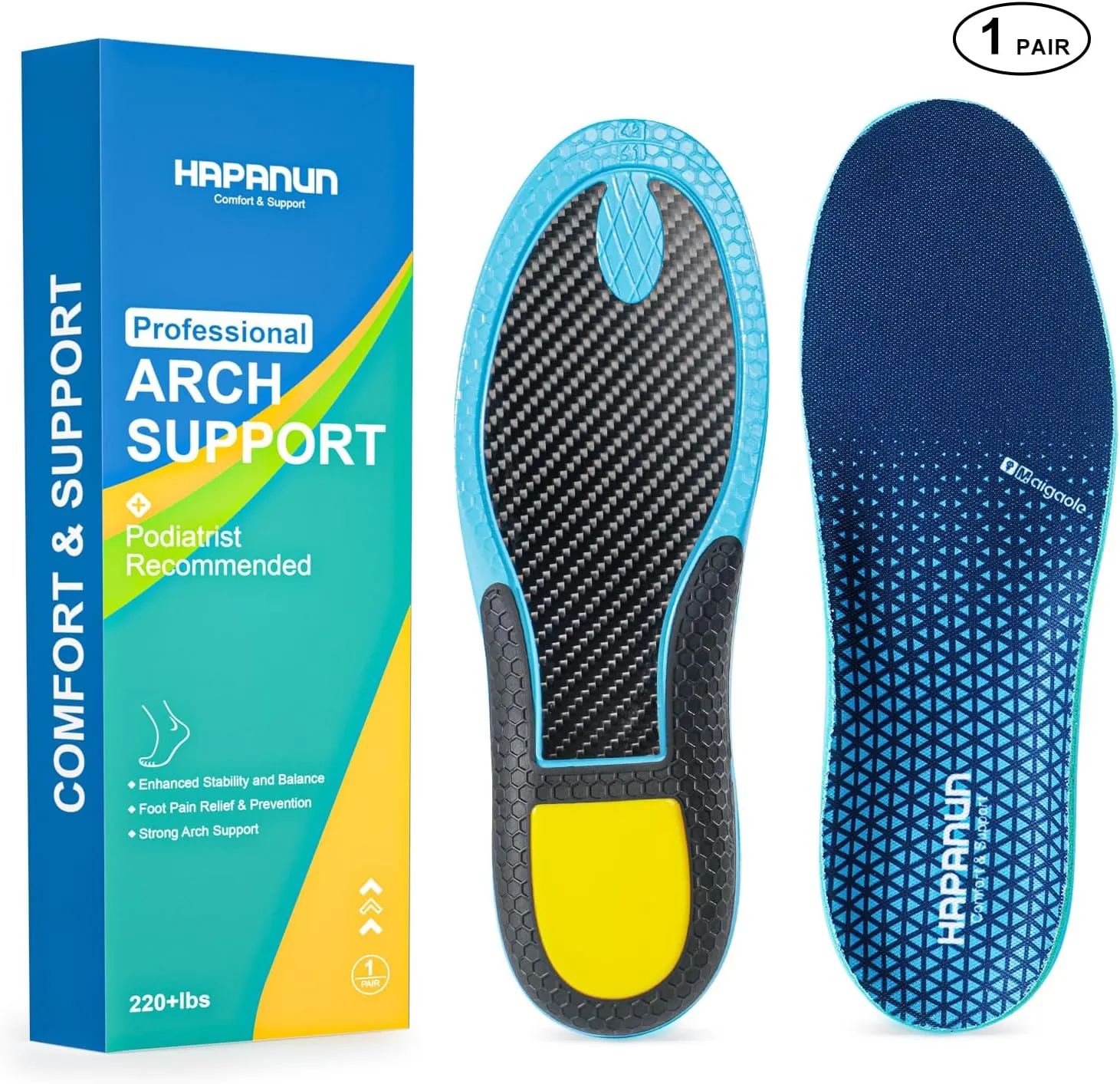 Carbon Fiber Shock-Absorbing Insole with Arch Support is Suitable for Basketball, Running, Cycling, Outdoor Hiking and Other Daily Sports. (Blue, M10.5/11W11.5/12300mm)
