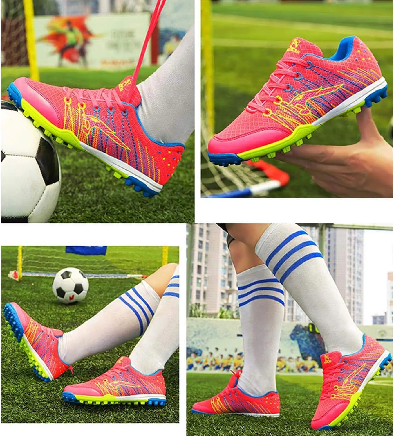 CERYTHRINA Kids Turf Soccer Shoes Boys Girls Athletic Indoor Outdoor Football Cleats Hook and Loop Shoes
