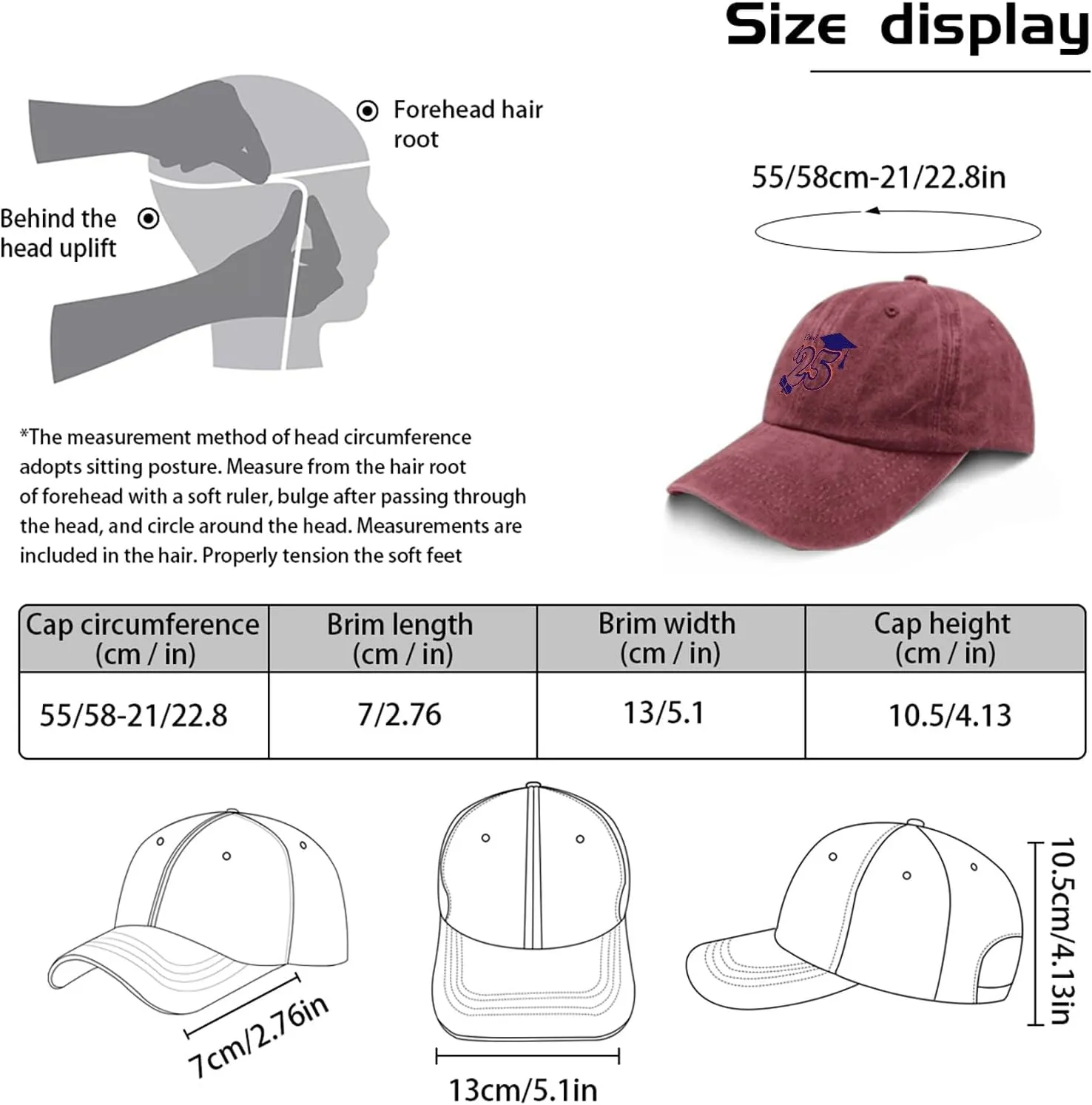 Class of 2025 Graduation Design Mens Baseball Hats Ball Hats for Women Light Weight Cap Ponytail Baseball Hat
