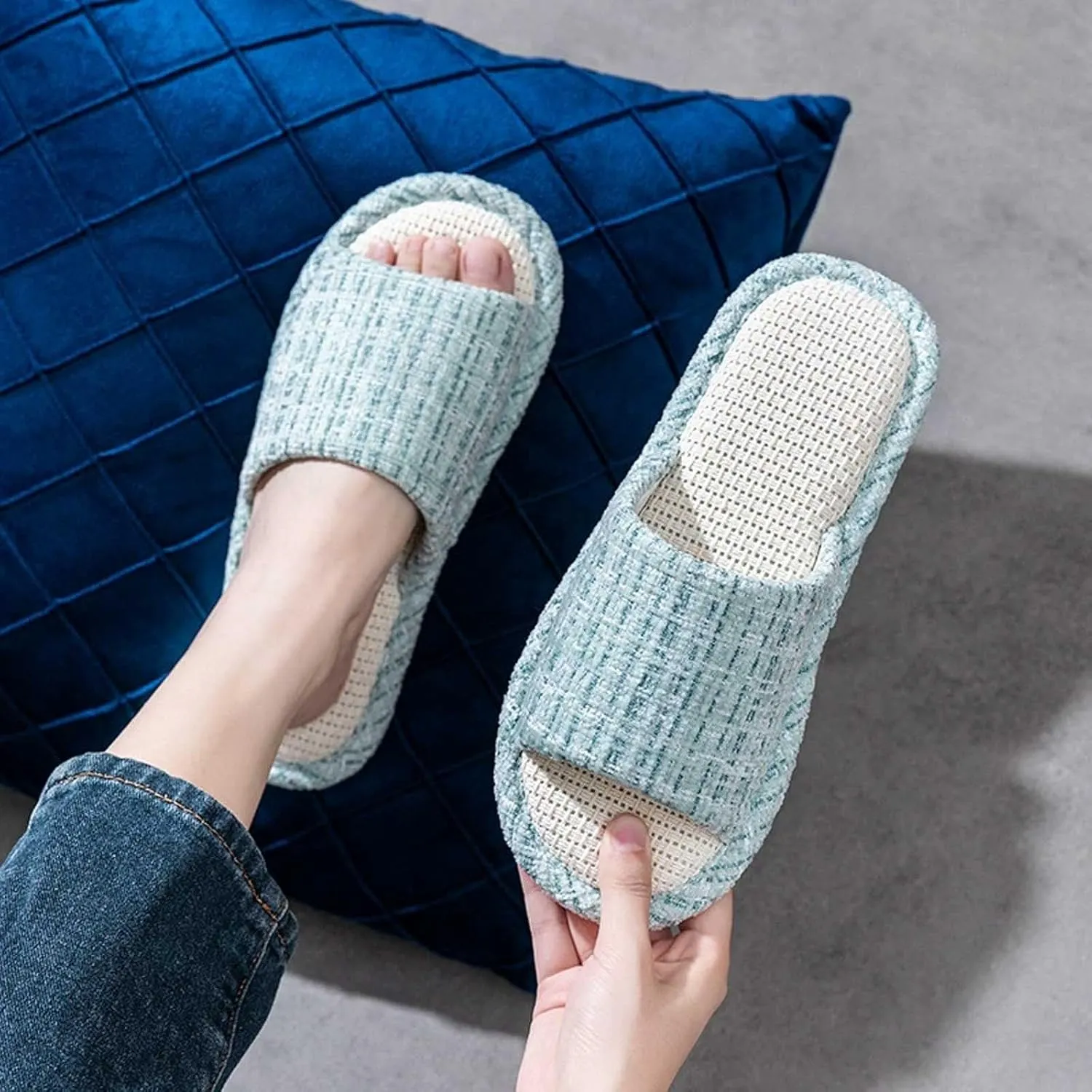 Couples Fashion Open Toe Cloth Mute Slippers Men's and Women's Linen Home Shoes Women Bed Slippers Size 11