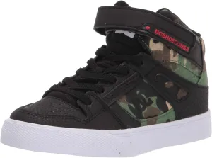 DC Boy's Pure High Top EV Skate Shoes with Ankle Strap and Elastic Laces, Black Camo, 7 Big Kid