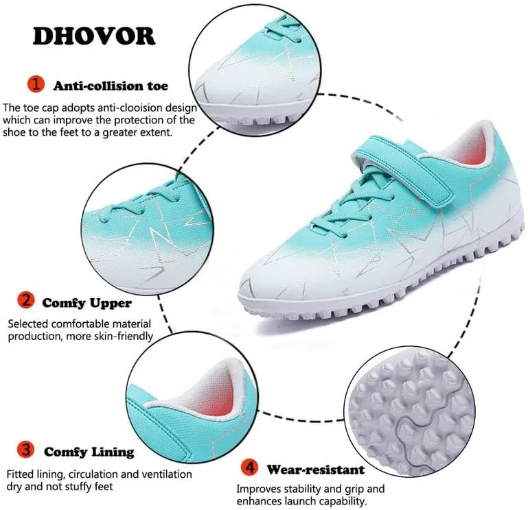 DHOVOR Kids Turf Soccer Shoes Boys Girls Soccer Cleats Youth Football Trainers Athletic Indoor Soccer Shoes for Boys (Little Kid/Big Kid)