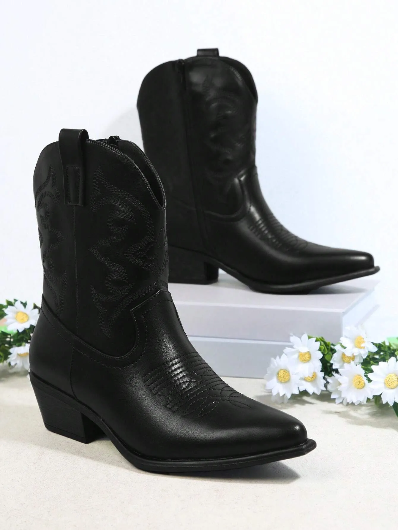 Embroidery Mid Calf Boots