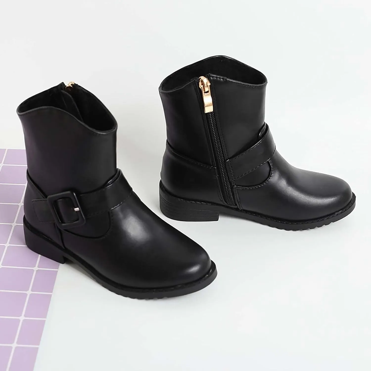 Girls Buckle Decor Side Zipper Western Boots Kids Ankle Boots Girls Low Heel Riding Booties With Toddler Boots Size 12