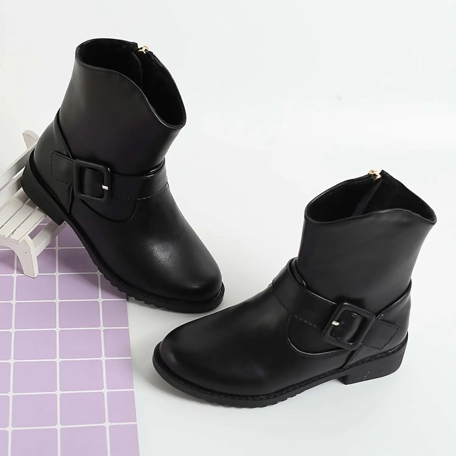 Girls Buckle Decor Side Zipper Western Boots Kids Ankle Boots Girls Low Heel Riding Booties With Toddler Boots Size 12
