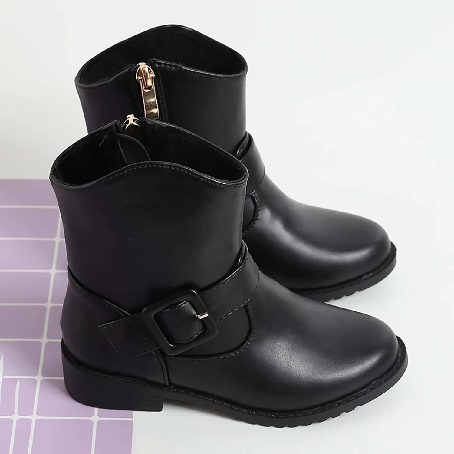 Girls Buckle Decor Side Zipper Western Boots Kids Ankle Boots Girls Low Heel Riding Booties With Toddler Boots Size 12
