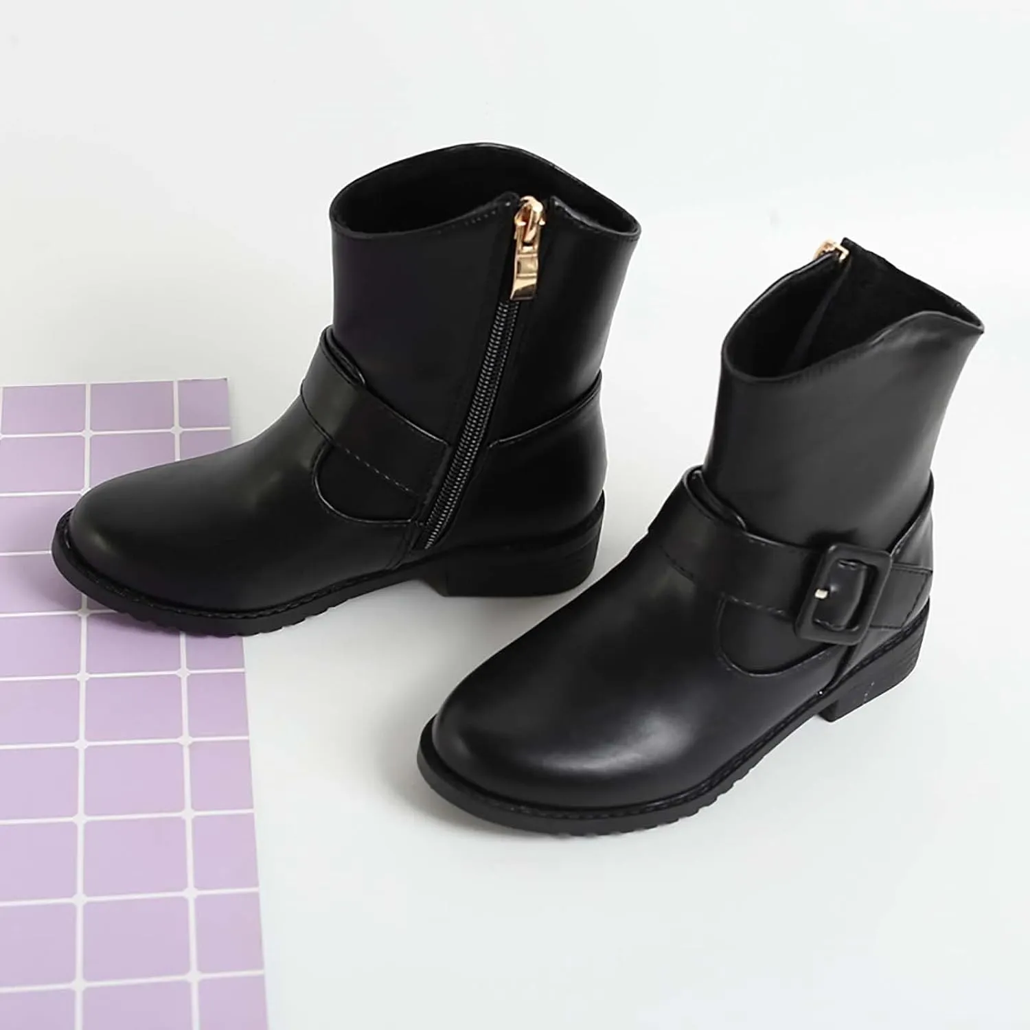 Girls Buckle Decor Side Zipper Western Boots Kids Ankle Boots Girls Low Heel Riding Booties With Toddler Boots Size 12