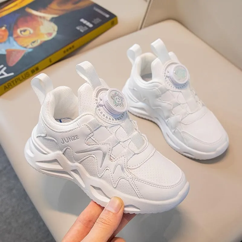 Girls' Pink Sport Sneakers with Twist-Lock Closure - Lightweight PU Leather Running Shoes for Kids with Cushioned Sole and Stylish Wave Design