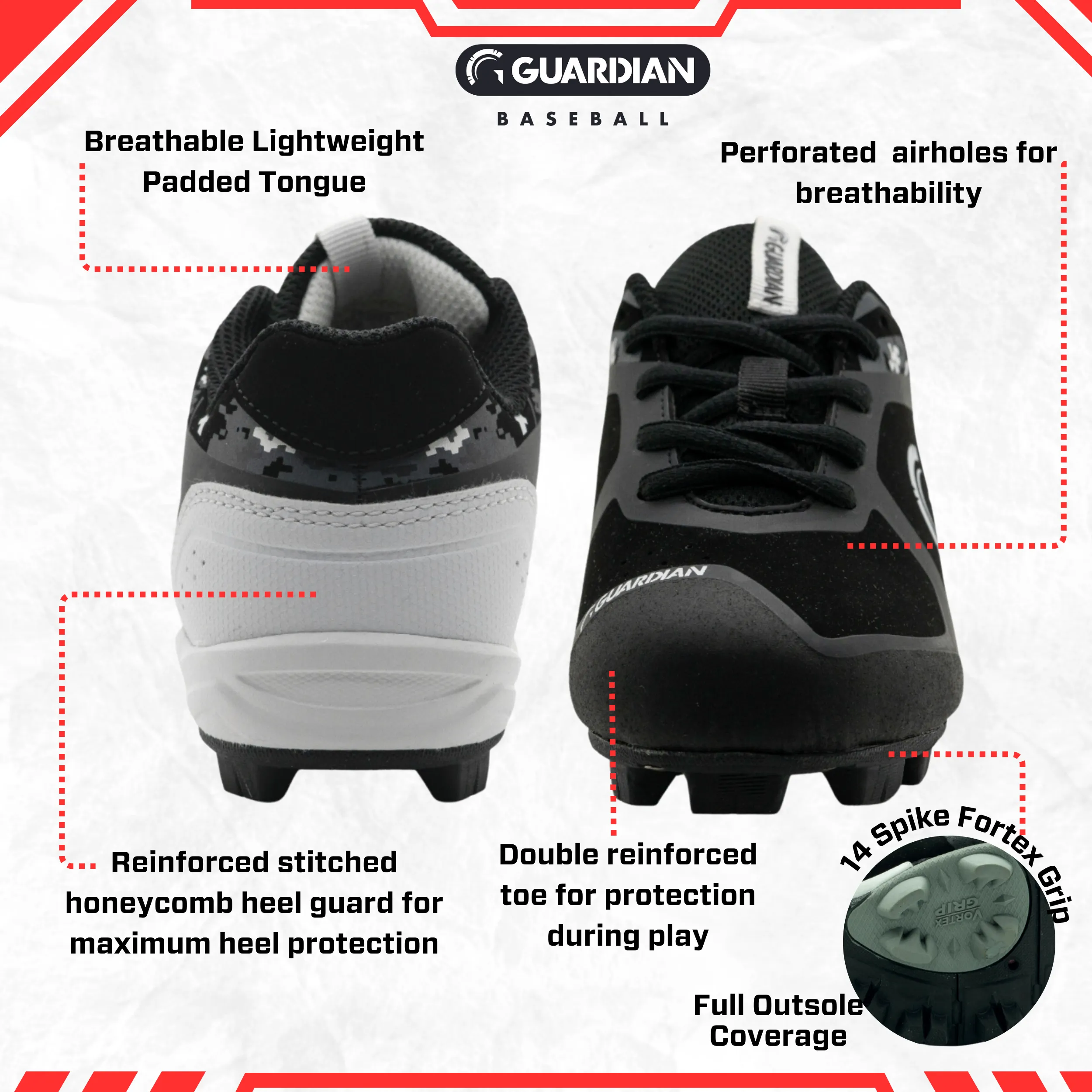 Guardian Baseball Youth Baseball and Softball Low Top Cleats and Turf Shoes (Black/Grey)