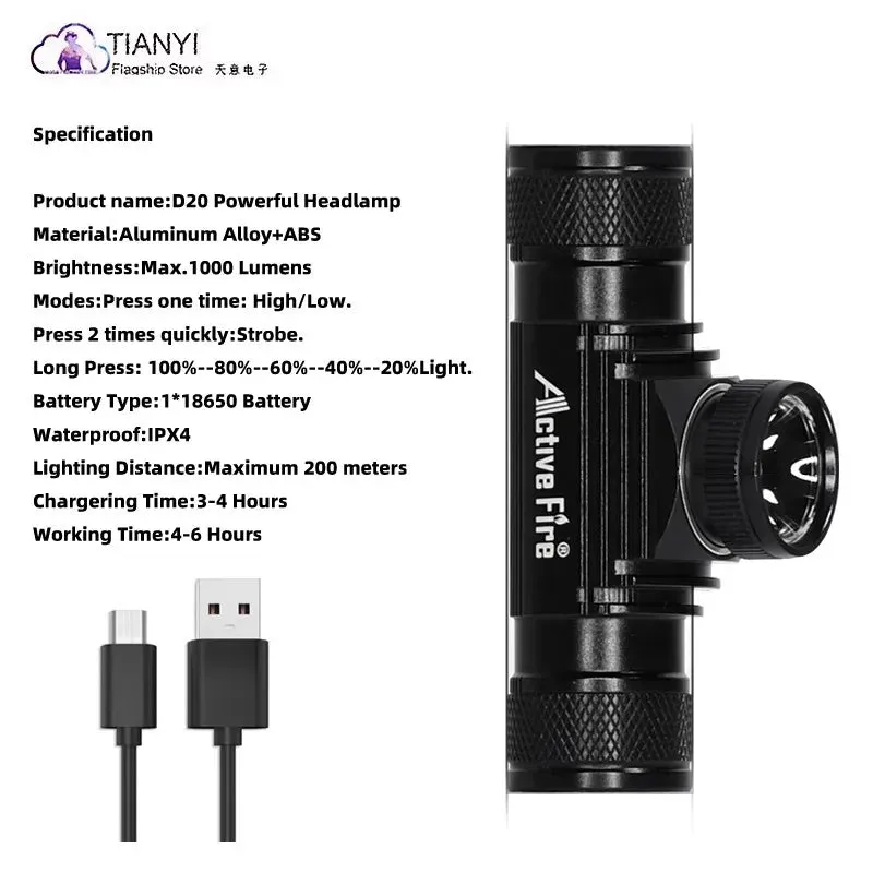 Headlights - Powerful rechargeable, focusing 1000 lumen headlights for ultra-bright lighting for hiking, mountaineering ，camping