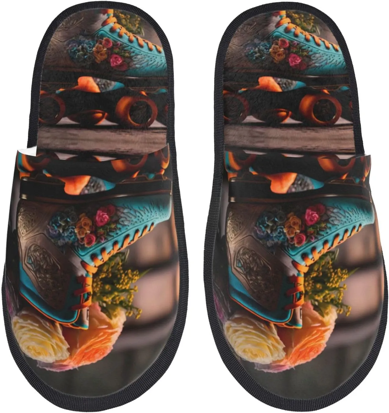 House Slippers for Womens Men - Classic Floral Blue Skate Shoes Soft House Shoes Fuzzy Slippers, Lightweight Slip-On Cozy House Slippers for Womens Indoor Outdoor