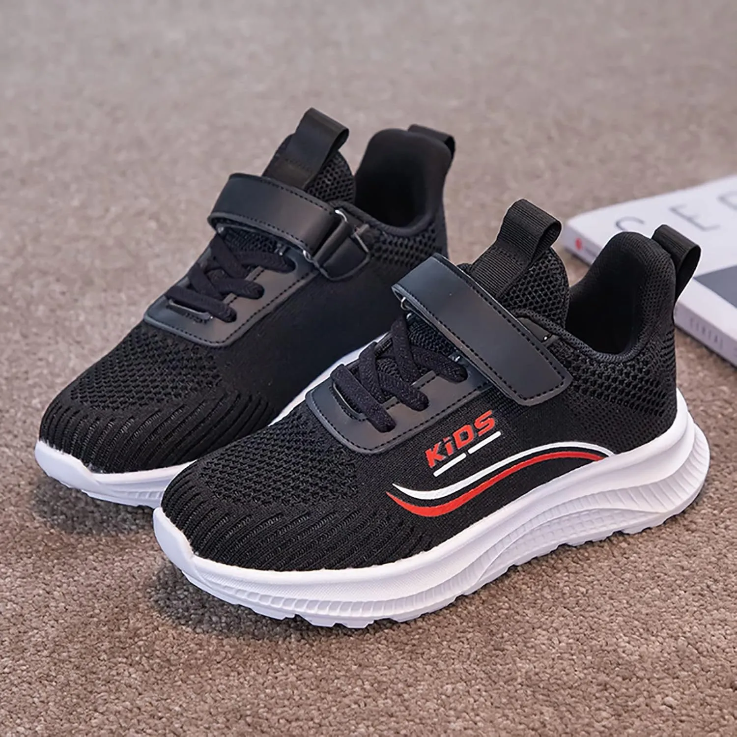 Kids Running Shoes Lightweight Breathable Adjustable Strap Elastic Soft Sole Anti Slip Fashion Athletic Shoes