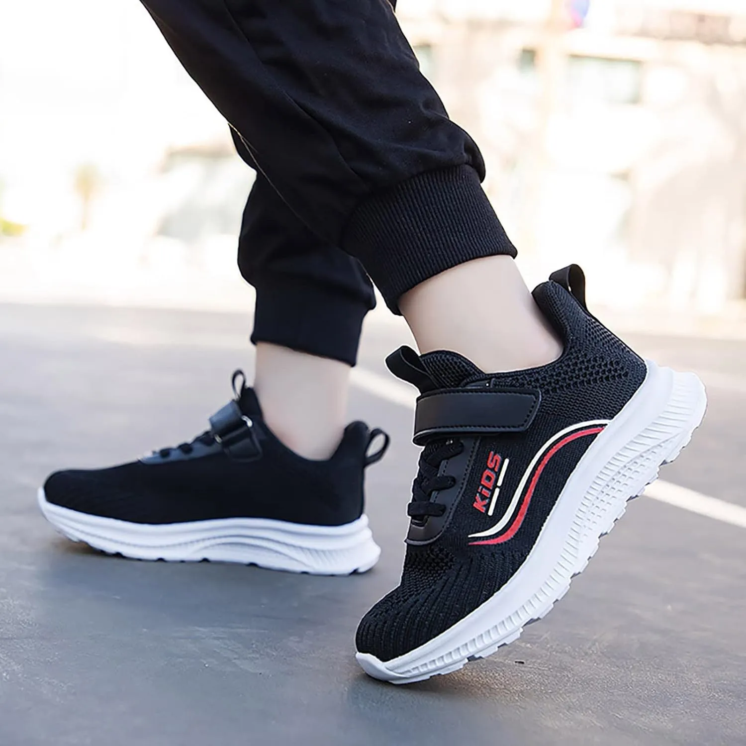Kids Running Shoes Lightweight Breathable Adjustable Strap Elastic Soft Sole Anti Slip Fashion Athletic Shoes