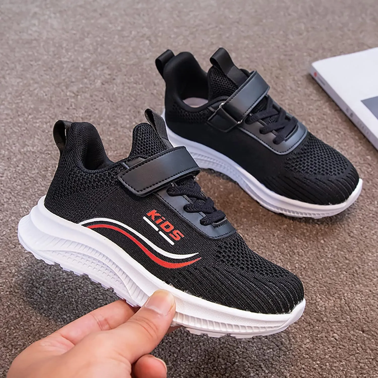 Kids Running Shoes Lightweight Breathable Adjustable Strap Elastic Soft Sole Anti Slip Fashion Athletic Shoes