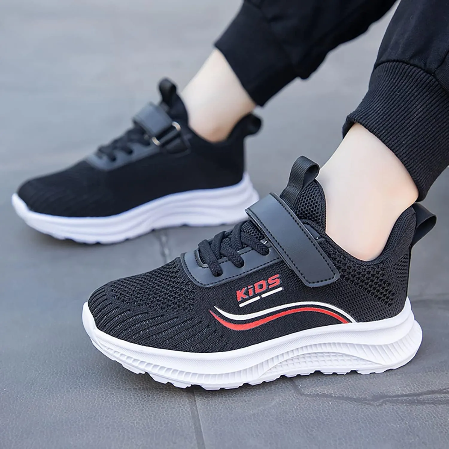 Kids Running Shoes Lightweight Breathable Adjustable Strap Elastic Soft Sole Anti Slip Fashion Athletic Shoes