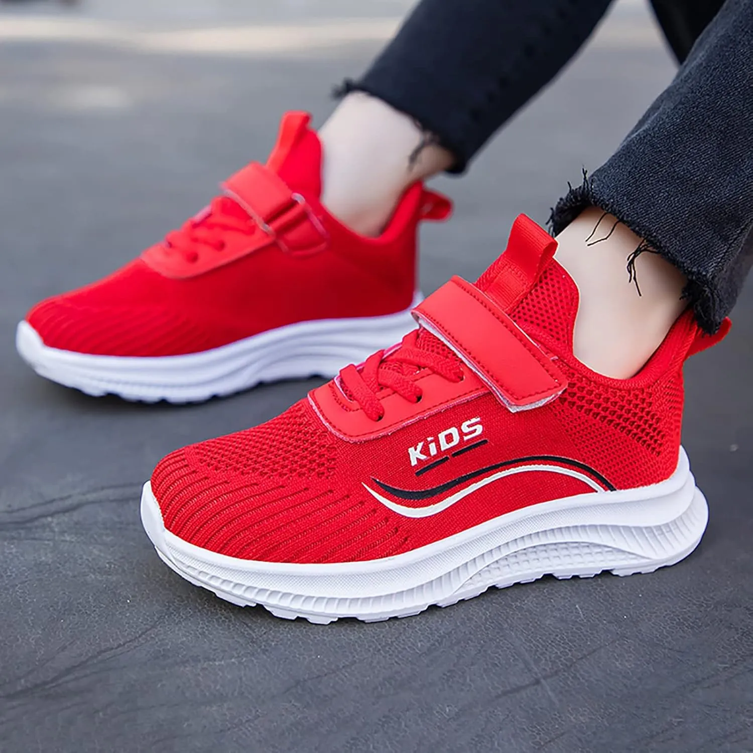 Kids Running Shoes Lightweight Breathable Adjustable Strap Elastic Soft Sole Anti Slip Fashion Athletic Shoes