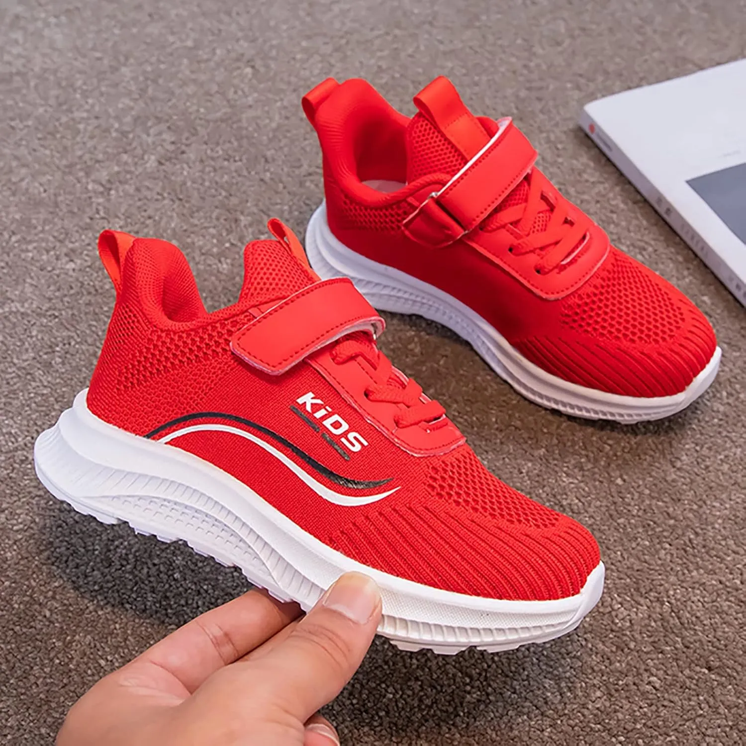 Kids Running Shoes Lightweight Breathable Adjustable Strap Elastic Soft Sole Anti Slip Fashion Athletic Shoes