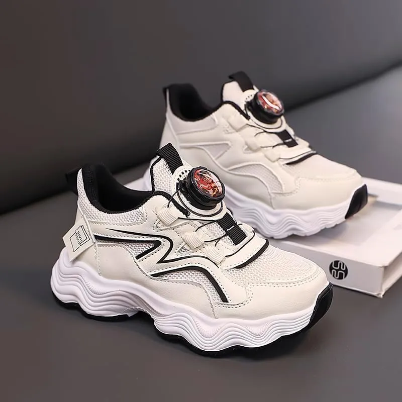 Kids' Running Shoes with Twist-Lock Closure - Breathable Mesh Sneakers with Cushioned Wave Sole for Boys & Girls, Stylish Red-White Sport Design