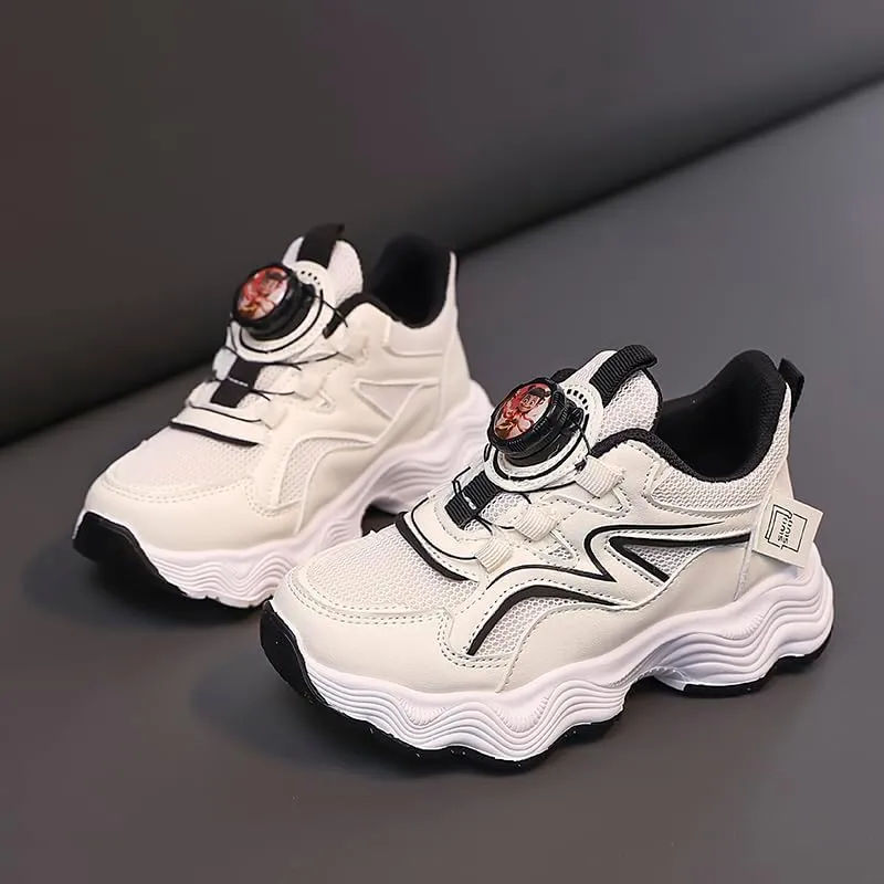 Kids' Running Shoes with Twist-Lock Closure - Breathable Mesh Sneakers with Cushioned Wave Sole for Boys & Girls, Stylish Red-White Sport Design