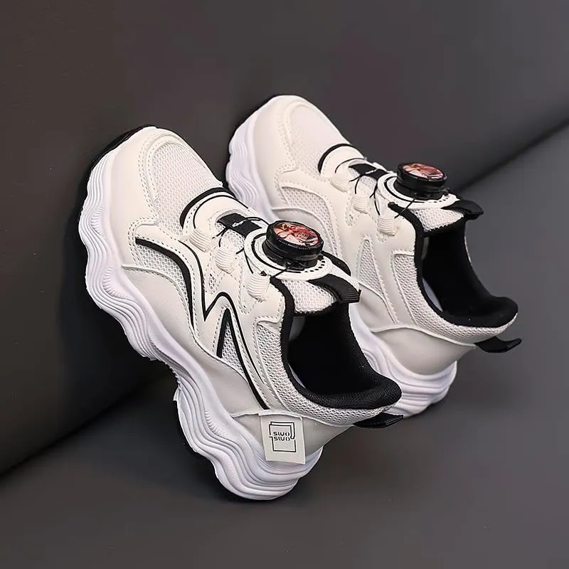 Kids' Running Shoes with Twist-Lock Closure - Breathable Mesh Sneakers with Cushioned Wave Sole for Boys & Girls, Stylish Red-White Sport Design