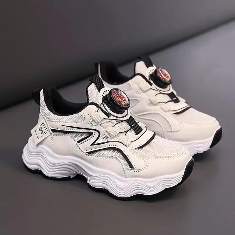 Kids' Running Shoes with Twist-Lock Closure - Breathable Mesh Sneakers with Cushioned Wave Sole for Boys & Girls, Stylish Red-White Sport Design