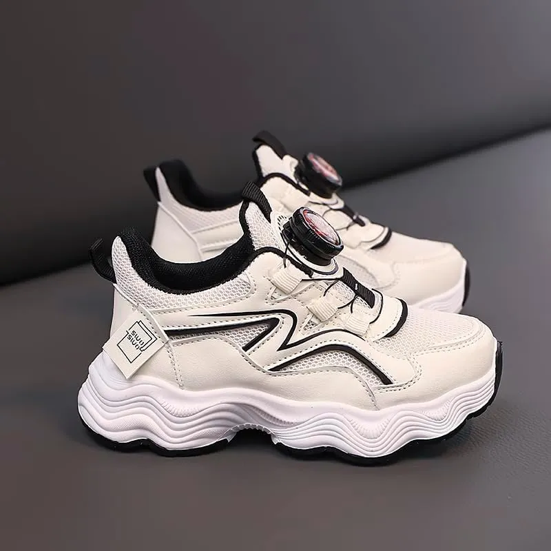 Kids' Running Shoes with Twist-Lock Closure - Breathable Mesh Sneakers with Cushioned Wave Sole for Boys & Girls, Stylish Red-White Sport Design