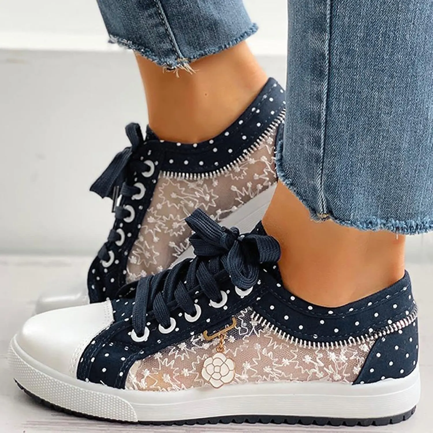 Lace Shoes Women's Lace Fashion Decor Casual Up Pattern Floral Mesh Hollow Out Women's Casual Shoes Boats